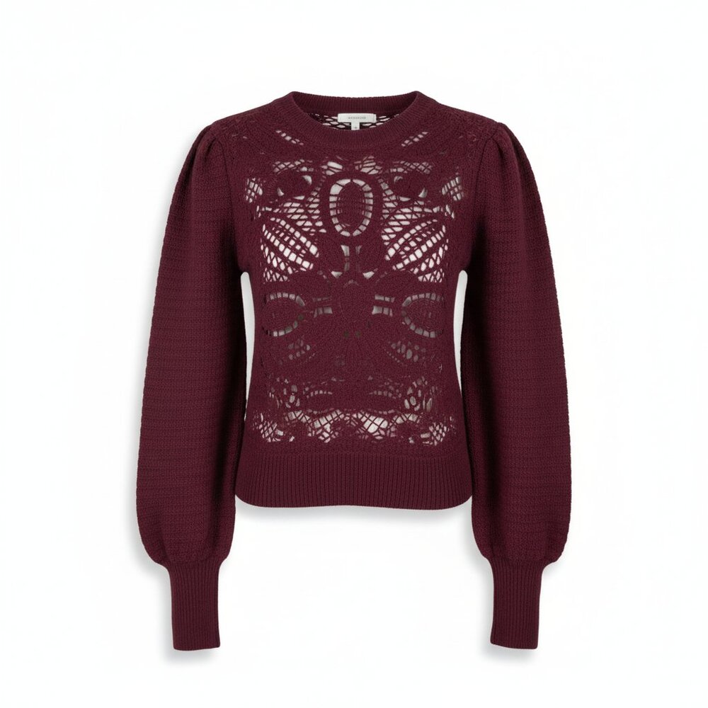 Joie Burgundy Embroidered Knit Puff Sleeve Sweater Sheer Front Size S